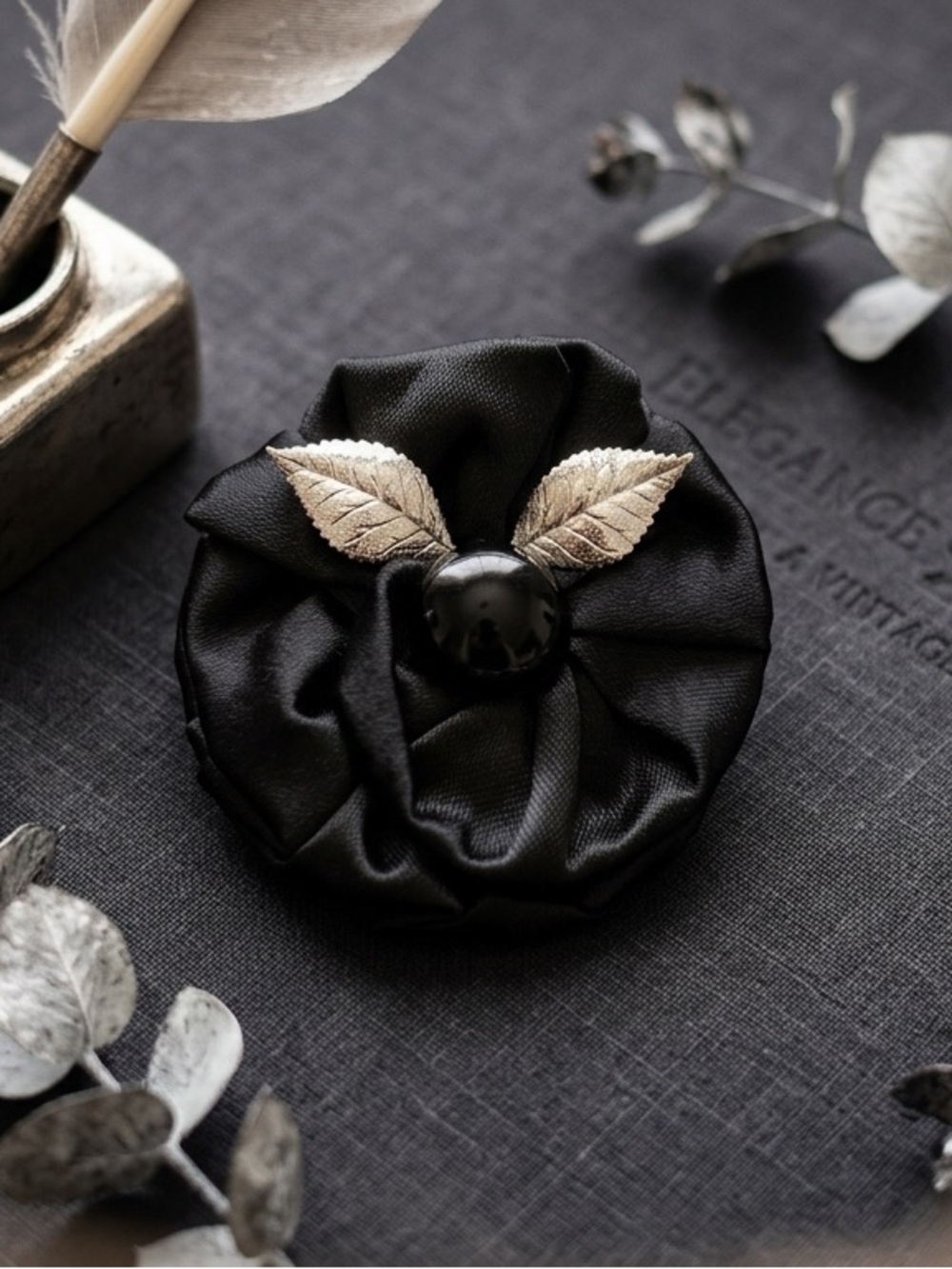 Vintage Black Satin Rosette Brooch Gothic Glam Silver Leaf Accents